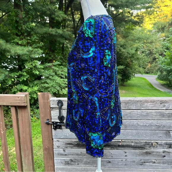 Vintage Laurence Kazar full Sequin and Beaded Blue and Green Silk Blazer Jacket - Picture 13 of 17